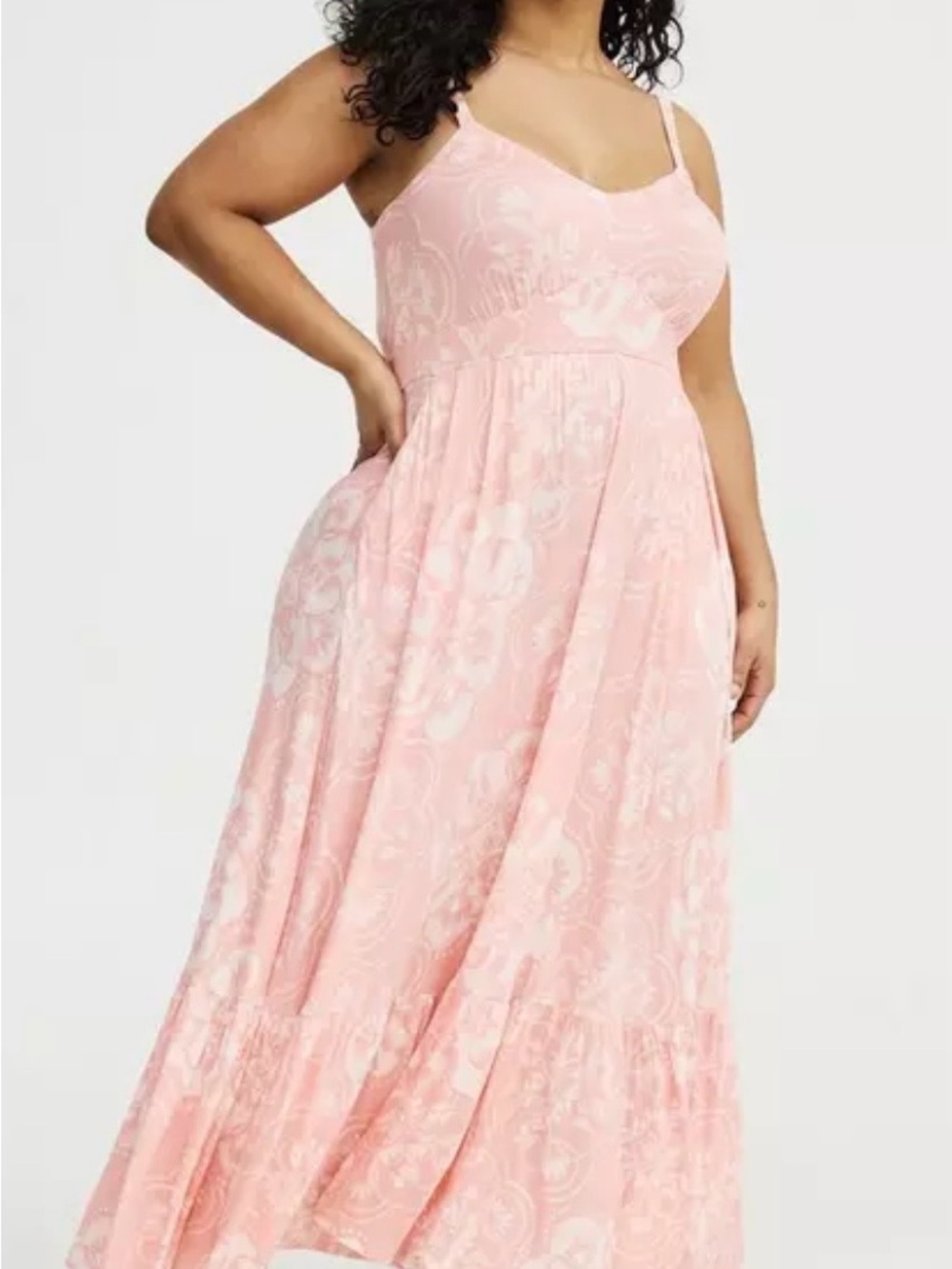 torrid Tiered Maxi Dress w/ open front shrug pink, peach, white color Blossom 2